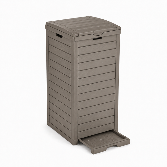 MINDYES Outdoor Trash Bin with Lid & Drip Tray, Hideaway Garbage Can, Light Brown