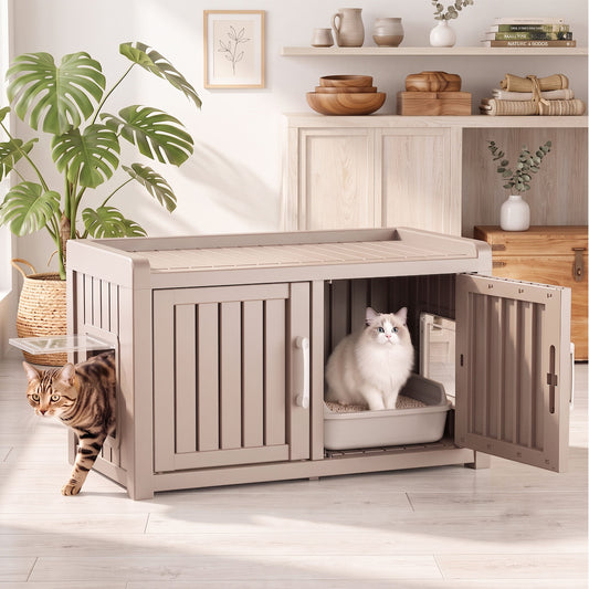 MINDYES Cat Litter Box Furniture, Dual-Door Cat Cabinet for Bedroom Hallway & Courtyard, Light Brown