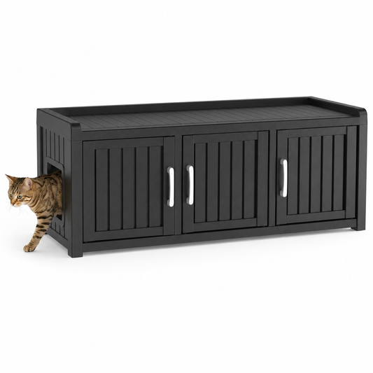 MINDYES 3-Cabin Hidden Cat Litter Box Enclosure Furniture for Bedroom Hallway, Black