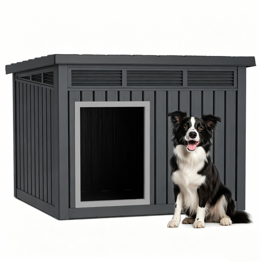MINDYES Classic Dog House Outdoor Faux Wooden Shelter with Weatherproof Roof Removable Floors for Medium Small Dogs, Black