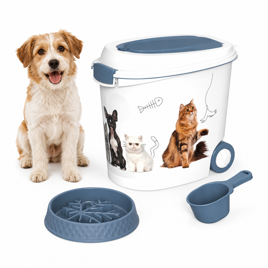 MINDYES 32 Lb Airtight Pet Food Storage Container, Dog & Cat Food Storage Bin with Scoop and Slow-Feeder Bowl