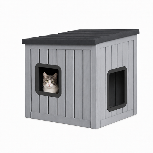 MINDYES Outdoor Cat House, Weatherproof Roof Removable Lids & Ventilation window for Cats Kittens & Puppies, Gray
