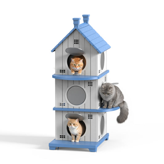 MINDYES Outdoor Three-Tier Cat Bed, Weatherproof Cat House Pet Shelter for Garden & Patio, Blue