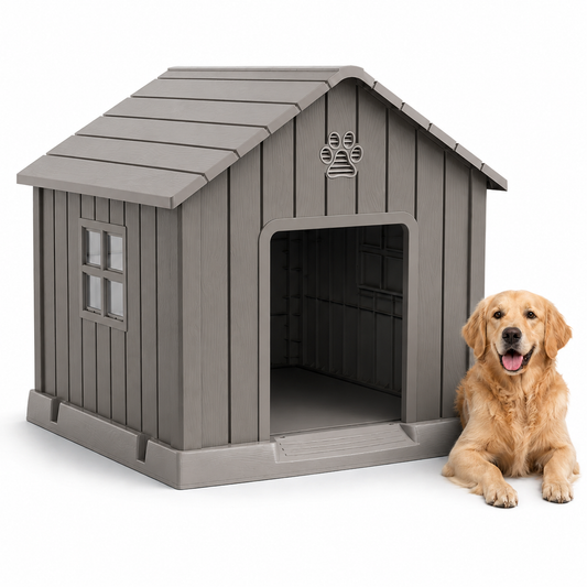 MINDYES Large Outdoor Dog House, 41" Dog Shelter with Windows, Easy Clean and Assemble for Outdoor & Indoor, Light Brown