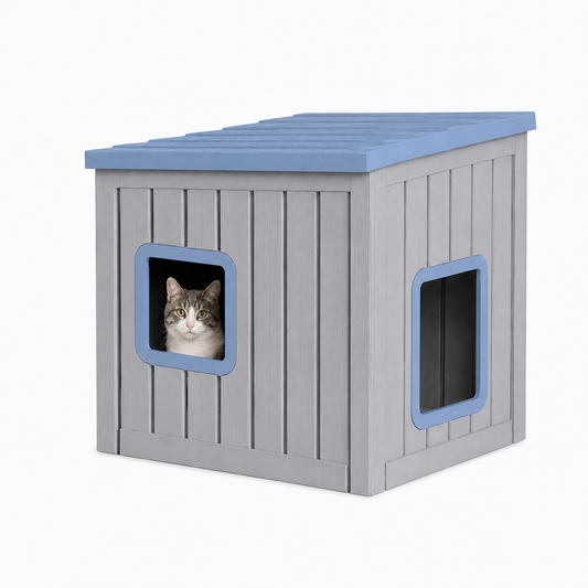 MINDYES Cat House, Outdoor Pet Shelter with Weatherproof Roof Removable Lids & Ventilation window, Blue