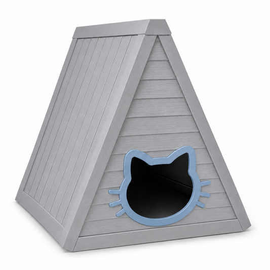 MINDYES Cat House, Indoor Outdoor Pet Shelter with Weatherproof Roof & Cat-shaped Door for All Small Pets, Gray