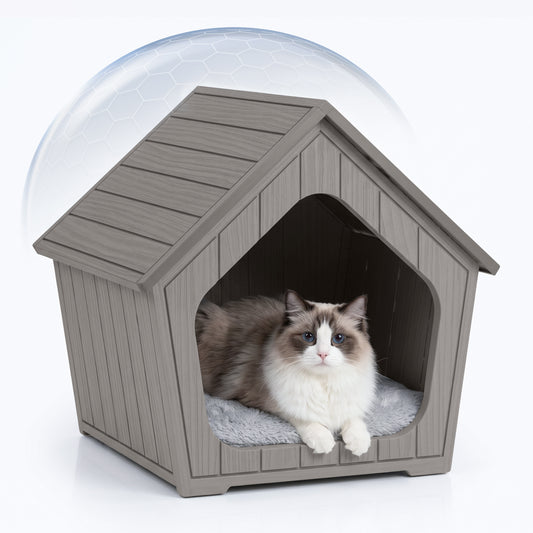 MINDYES Outdoor Cat House Weatherproof Faux Wooden Pet Shelter for Cats Kittens & Puppies, Light Brown