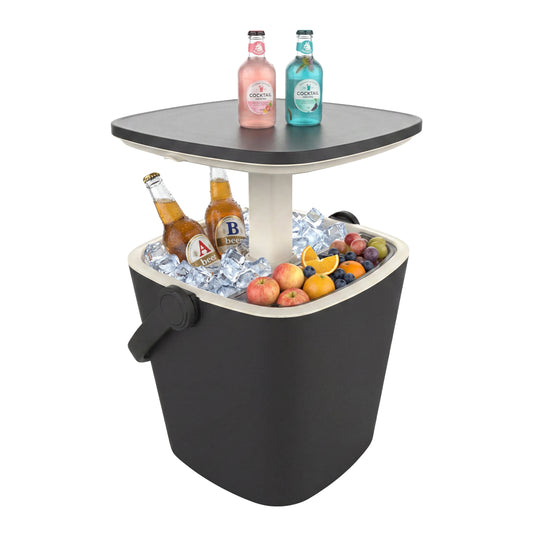 MINDYES Resin Ice Bucket with Lid, Outdoor Beverage Cooler with Side Table for Pool Patio Garden, Black