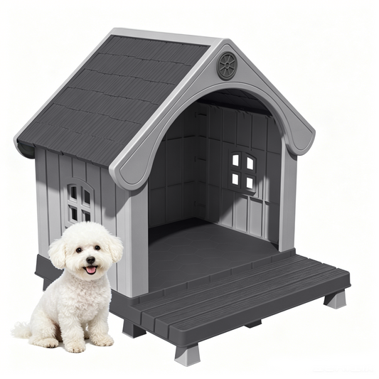 MINDYES Elevated Outdoor Dog House, 38" Pet Shelter with Porch for Medium Small Dogs, Gray