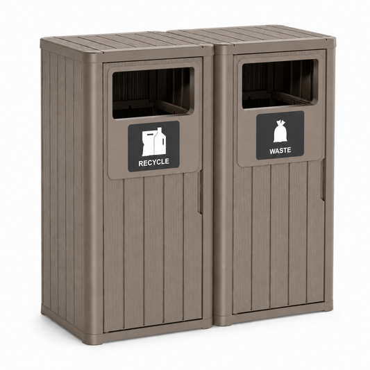 MINDYES Outdoor Trash Can with Garbage Labels, 66 Gallon Large Waterproof Garbage Can for Porch Patio, Light Brown