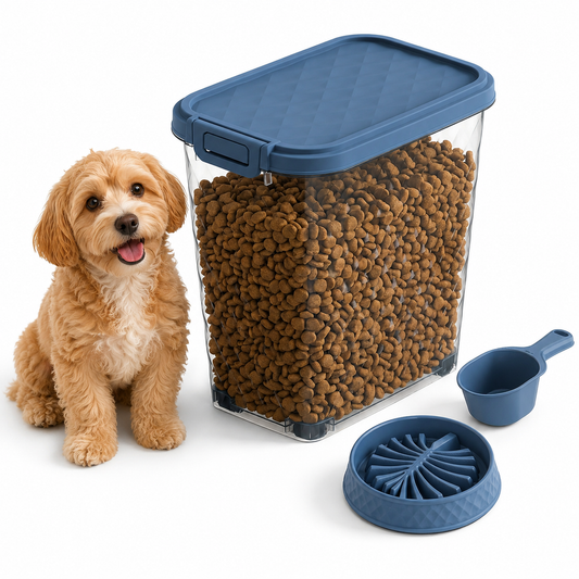 MINDYES 35 Lb Airtight Pet Food Storage Container, Dog & Cat Food Storage Bin with Wheels, Scoop, Slow-Feeder Bowl