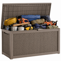 MINDYES 300 Gallon Deck Box, 3-IN-1 Outdoor Wicker Storage Box for Locker, Stool & Table, Beige