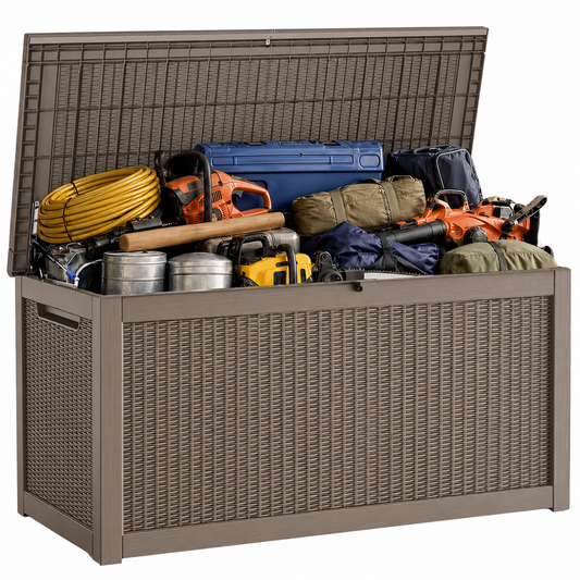 MINDYES 300 Gallon Deck Box, 3-IN-1 Outdoor Wicker Storage Box for Locker, Stool & Table, Beige