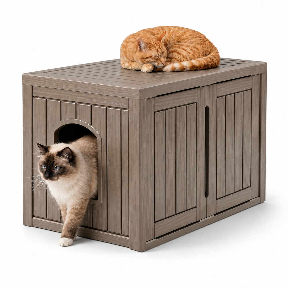 MINDYES Multifunctional Cat Cabinet, Hidden Cat Litter Box Furniture with Divider for Indoor Outdoor, Light Brown