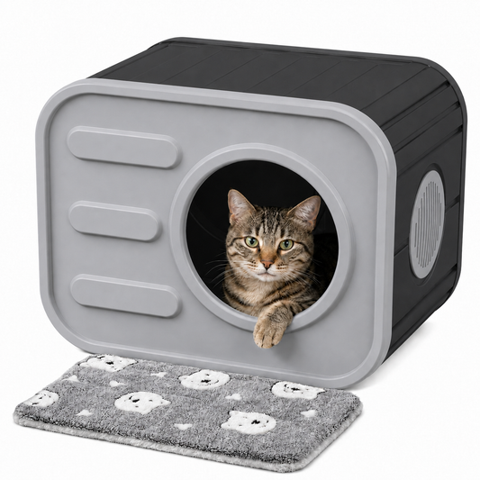 MINDYES Cat Bed for Indoor Outdoor, Home Decor Camera-Shaped Cat House with Cushion for All Cats, Gray