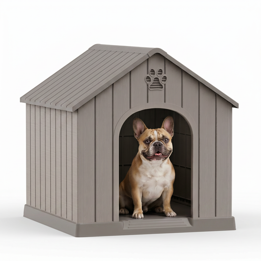 MINDYES Medium Small Dog House, Resin Faux Wood Dog Shelter for Outdoor & Indoor, Light Brown