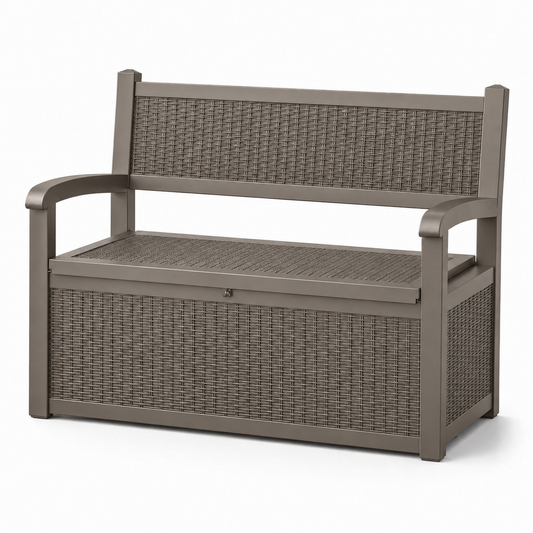 MINDYES Outdoor Storage Bench, 82 Gallon Wicker Deck Box and Organization Storage Combi for Cushions & Garden Tools, Light Brown