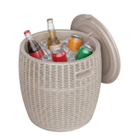 MINDYES 4-IN-1 Outdoor Patio Garden Furniture, Stool Storage Box Cool Bar Table Side Table with 10 Gallon Ice Bucket, Beige