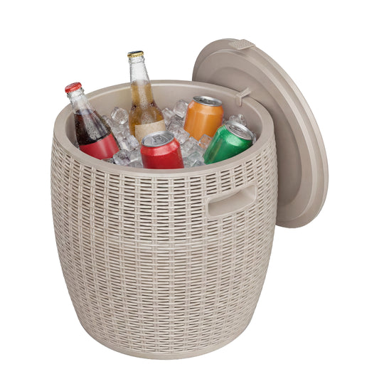 MINDYES 4-IN-1 Outdoor Patio Garden Furniture, Stool Storage Box Cool Bar Table Side Table with 10 Gallon Ice Bucket, Beige