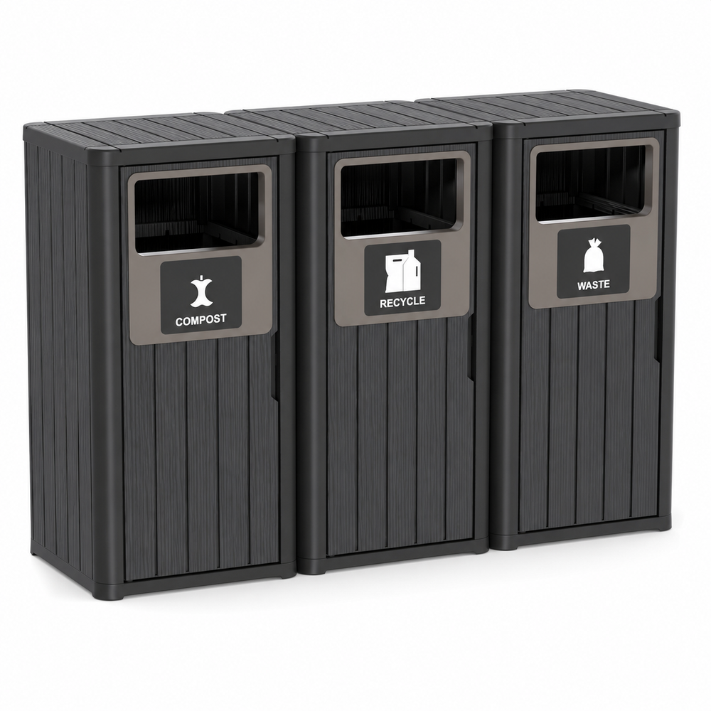 MINDYES 3-IN-1 Large Outdoor Trash Bin, 99 Gallon Waterproof Garbage Can with Garbage Labels for Roadside Bus Stop & Park, Black