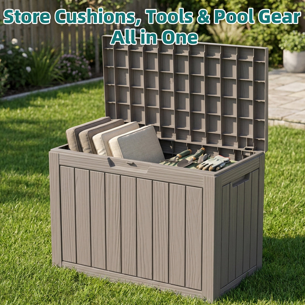 MINDYES 50 Gallon Deck Box, Resin Outdoor Storage Box with Hundles, UV Resistant Waterproof Storage Bin for Patio Cushions Gardening Tools, Beige