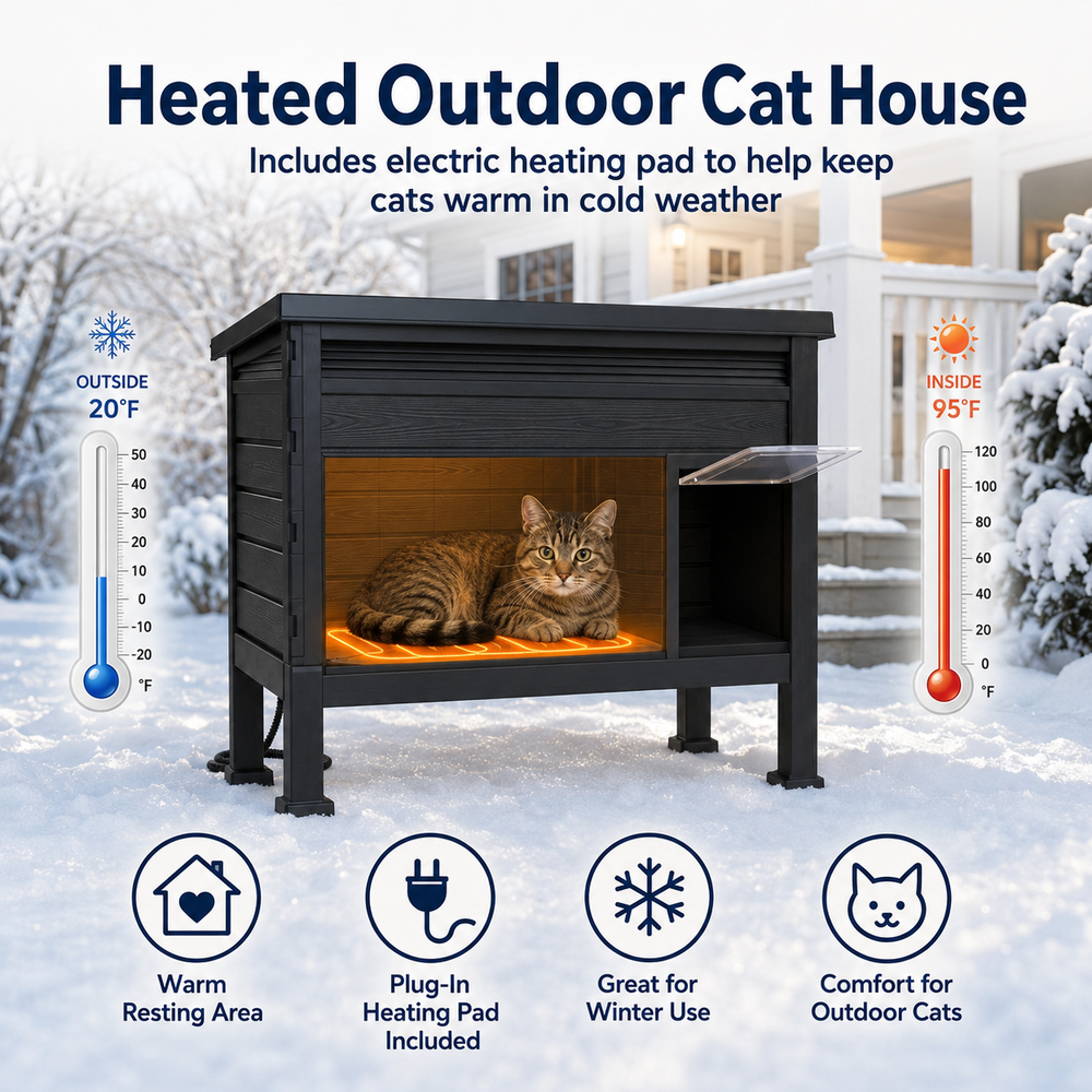 MINDYES Outdoor Cat House with Heating Pad, Pet Shelter with Weatherproof Roof & Stent, Black