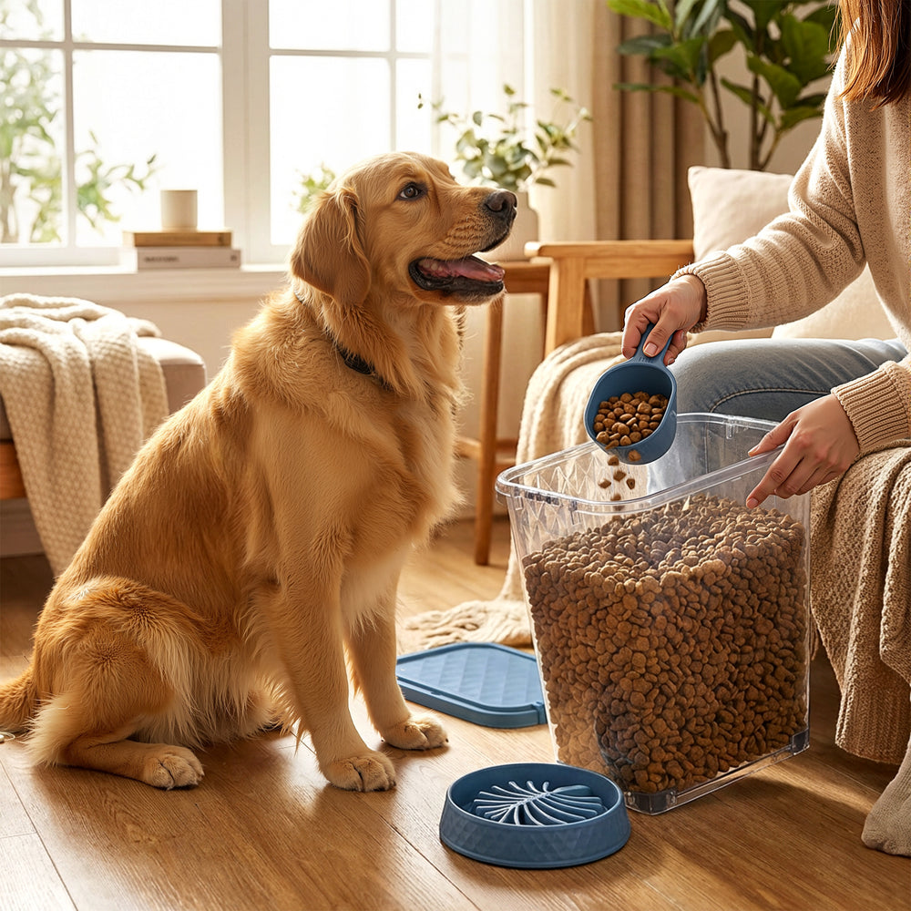 MINDYES 2 Set Dog & Cat Food Storage, 70 Lb Airtight Pet Food Storage Container with 2Pcs Scoop & Slow-Feeder Bowl