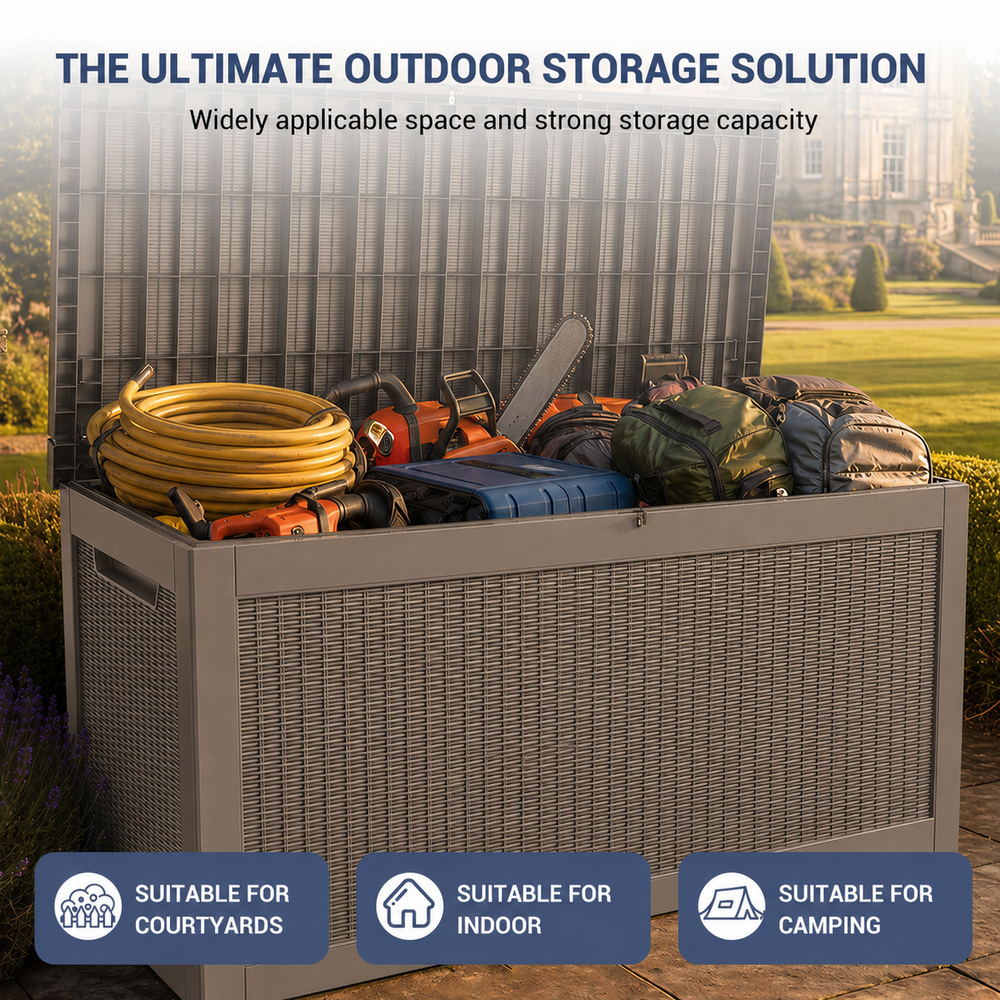 MINDYES 300 Gallon Deck Box, 3-IN-1 Outdoor Wicker Storage Box for Locker, Stool & Table, Beige