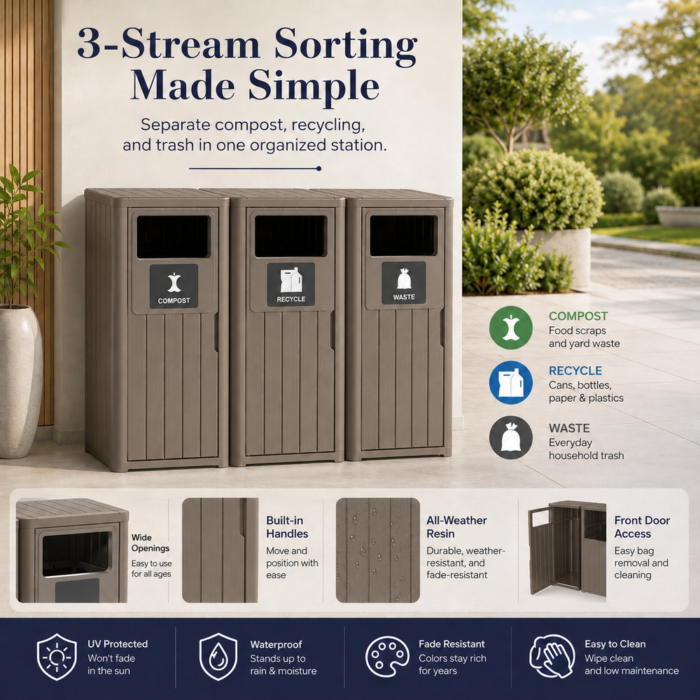 MINDYES 99 Gallon Large Outdoor Trash Can, Waste Container with Garbage Labels for Patio Porch & Backyard, Light Brown