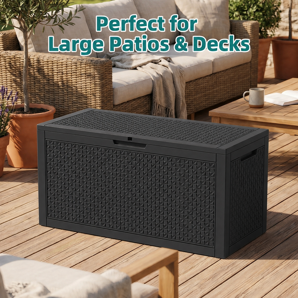 MINDYES 120 Gallon Diamond Deck Box, Geometric Texture Outdoor Storage for Patio Cushions, Pool Floats & Garden Tools, Black