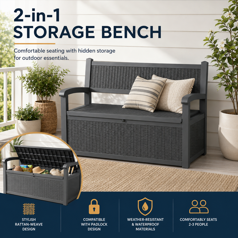 MINDYES 82 Gallon Outdoor Wicker Storage Bench, Deck Box and Organization Storage Combi for Backyard Garden, Black