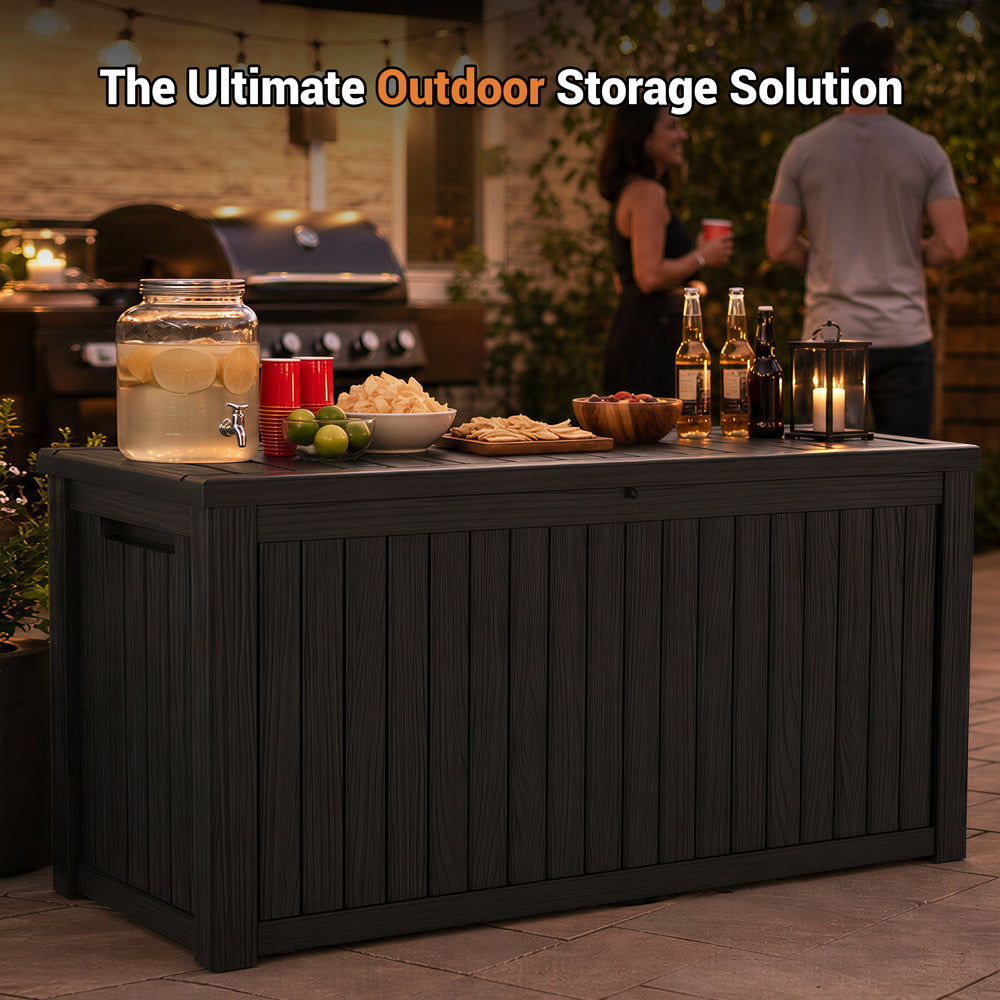 MINDYES 210 Gallon Deck Box, Mega Outdoor Storage Cabinet for Patio Furniture Cushions, Pool Equipment & Holiday Decor, Black