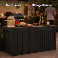 MINDYES 210 Gallon Deck Box, Mega Outdoor Storage Cabinet for Patio Furniture Cushions, Pool Equipment & Holiday Decor, Black