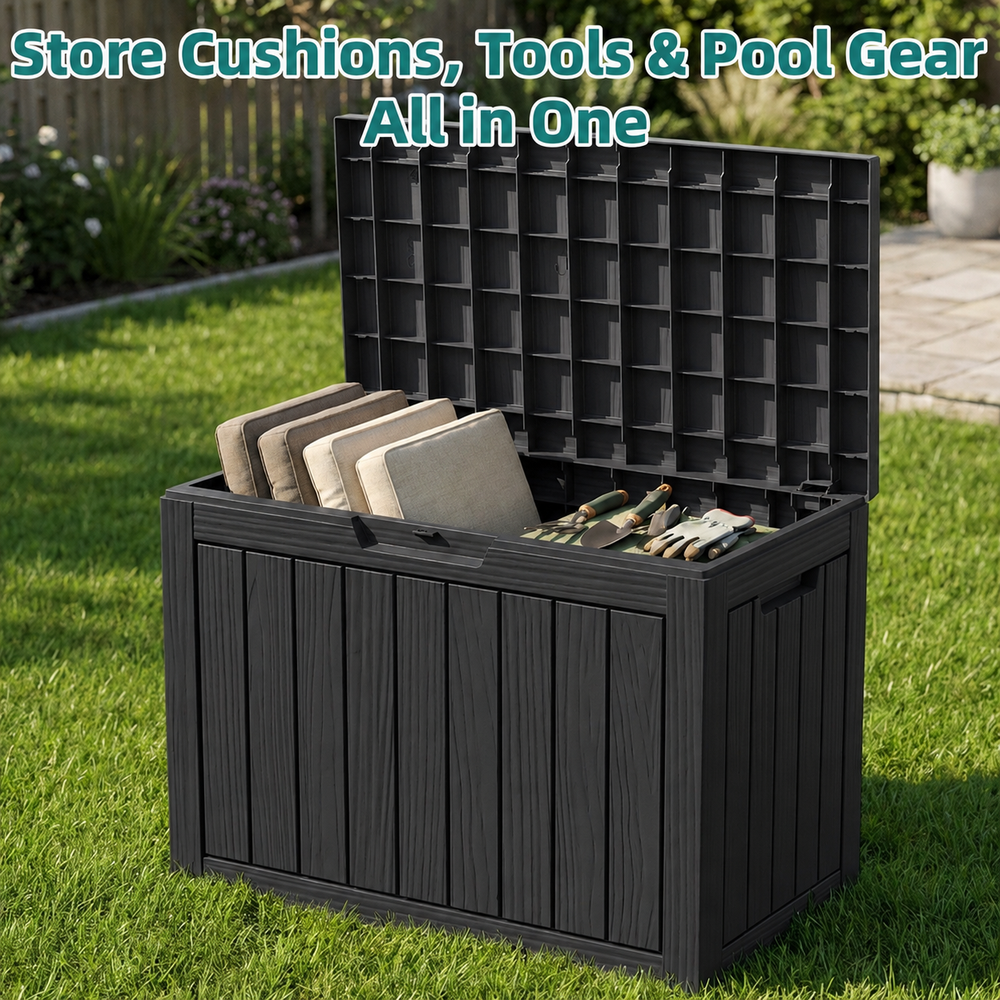 MINDYES 50 Gallon Deck Box, Outdoor Storage Box for Furniture, Garden Tools and Tools Storage, Black