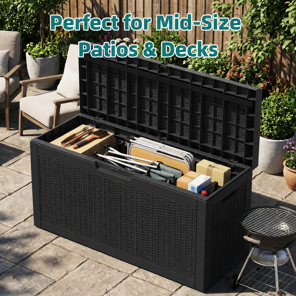MINDYES 70 Gallon Wicker Deck Box, Outdoor Storage for Patio Cushions, Pool Toys & Garden Tools, Black