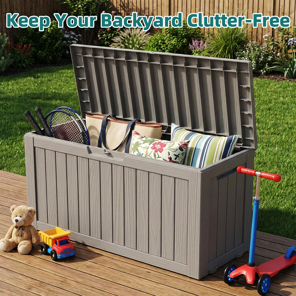 MINDYES 80 Gallon Deck Box, Storage Box for Home Tools, Outdoor Patio Cushions, Holiday Decor, Beige