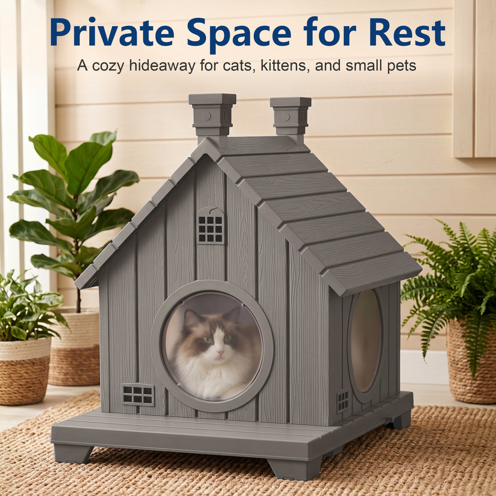 MINDYES Cat House Outdoor Pet Shelter Weatherproof Faux Wood for Cats, Kittens & Small Dog, Light Brown