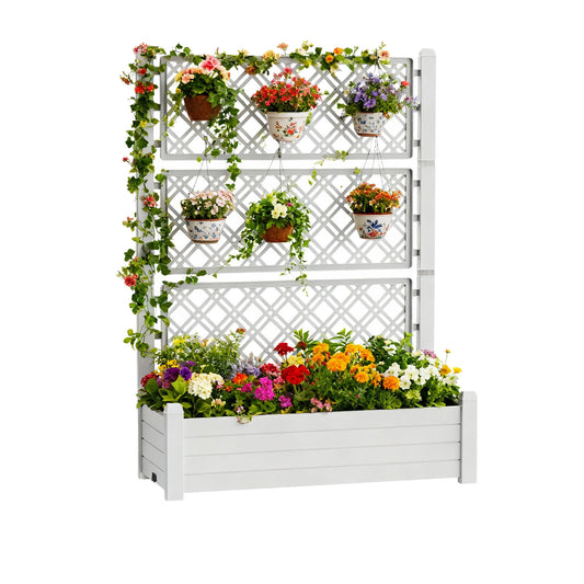 MINDYES Raised Garden Bed with Trellis and Wheels,78L 59" Tall Vertical Outdoor Patio Planter Box with Water Storage for Vegetables Herbs Flowers, Free Standing