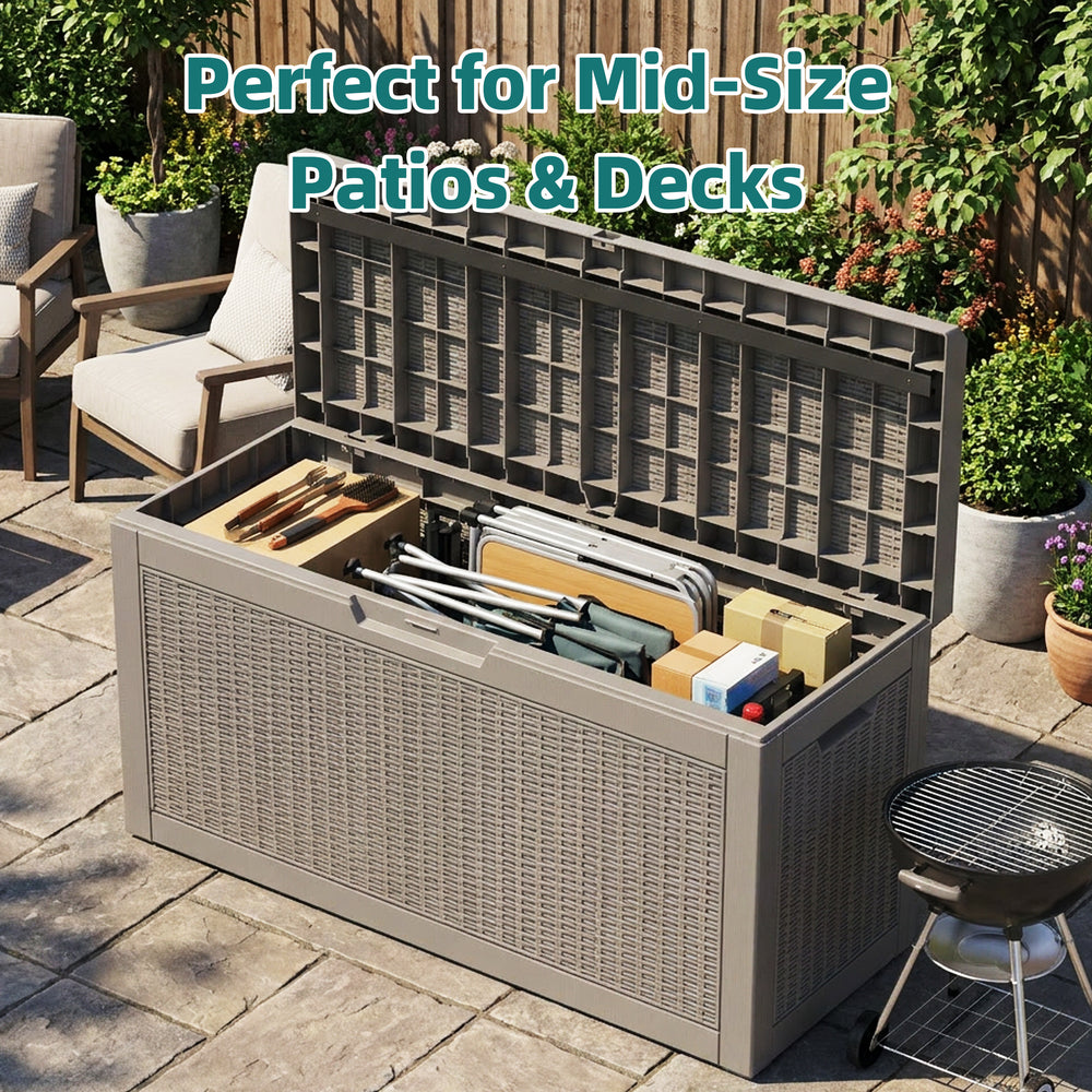 MINDYES 70 Gallon Resin Deck Box, Patio Cushions, Wicker Outdoor Storage Box Pool Toys & Garden Tools, Beige