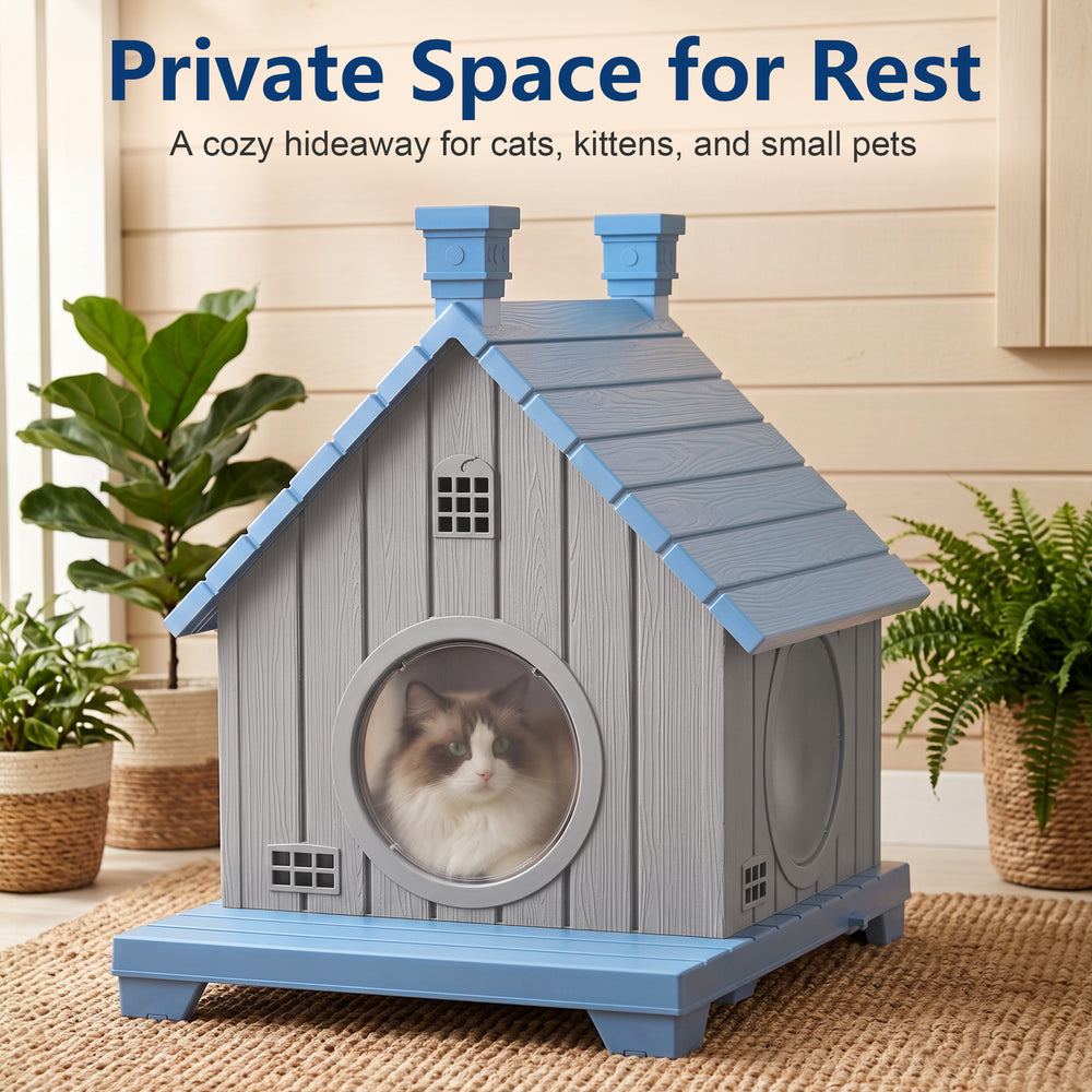 MINDYES Outdoor Cat House Weatherproof Pet Shelter for Cats Kittens & Puppies, Blue