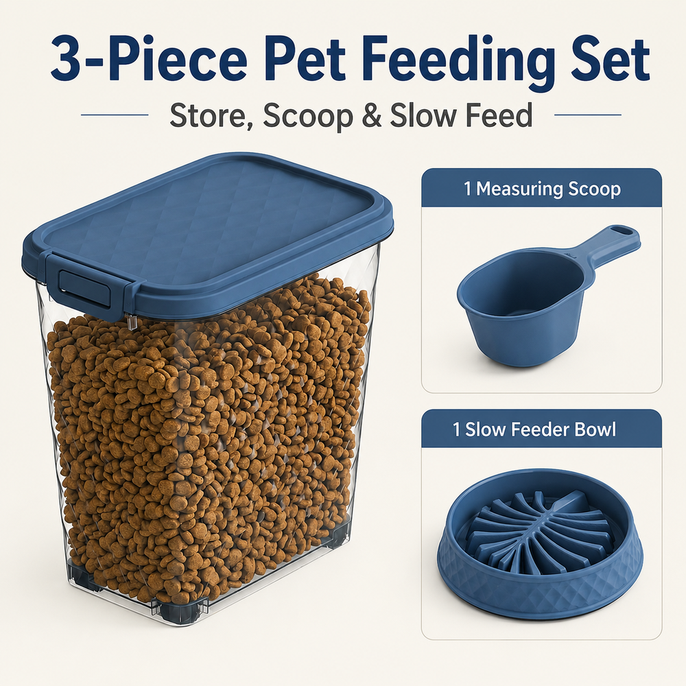 MINDYES 35 Lb Airtight Pet Food Storage Container, Dog & Cat Food Storage Bin with Wheels, Scoop, Slow-Feeder Bowl