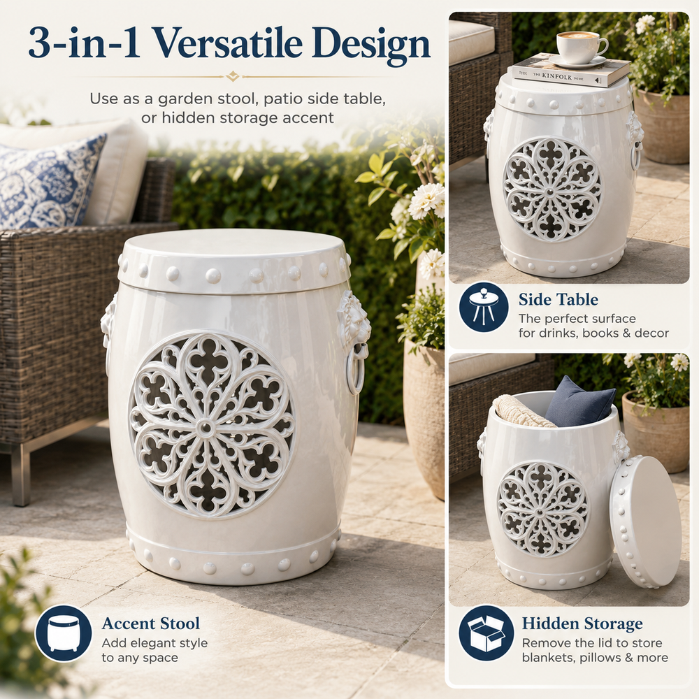 MINDYES 3-in-1 Faux Ceramic Garden Stool, Indoor Outdoor Furniture with Storage & Side Table, Home Collection for Patio Garden, White