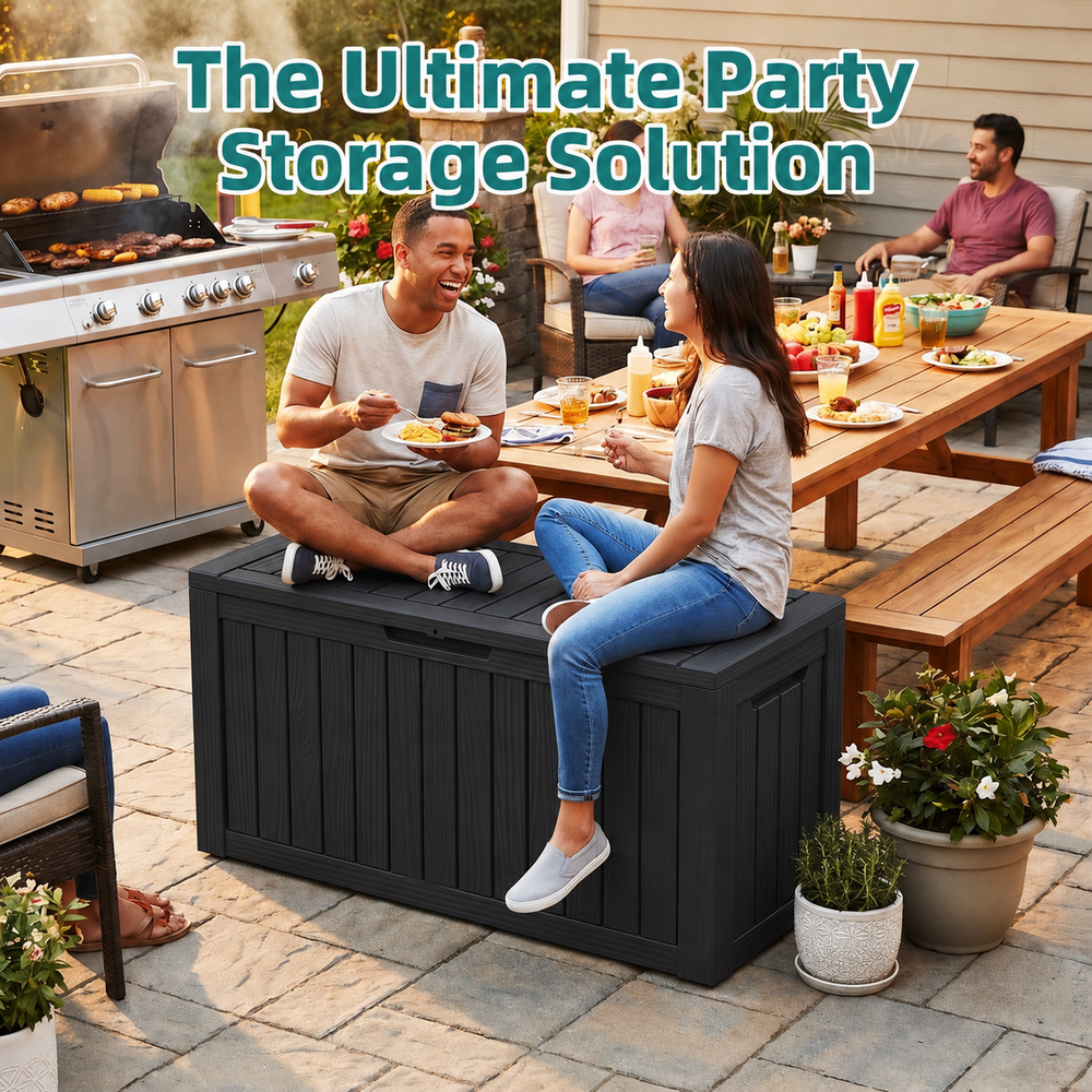 MINDYES 90 Gallon Deck Box, Large Capacity Outdoor Storage for Patio Furniture Cushions, Pool Floats & Party Supplies, Black