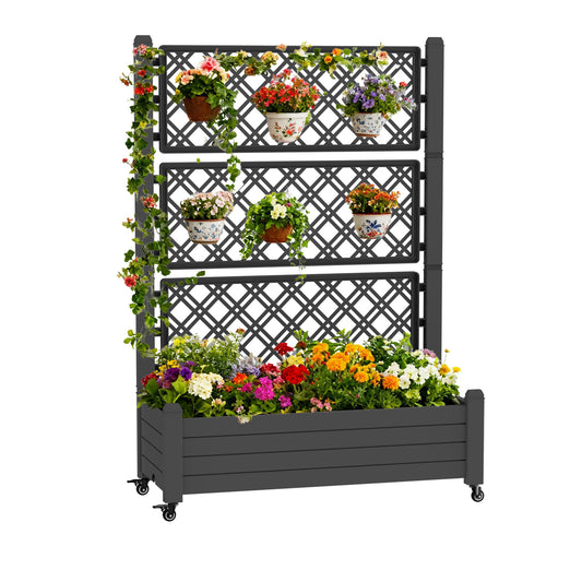 MINDYES Outdoor Raised Garden Bed With Trellis, Backyard Above Ground Large Garden Planter Boxes with Legs & Wheels 43.43*18.27*64.29