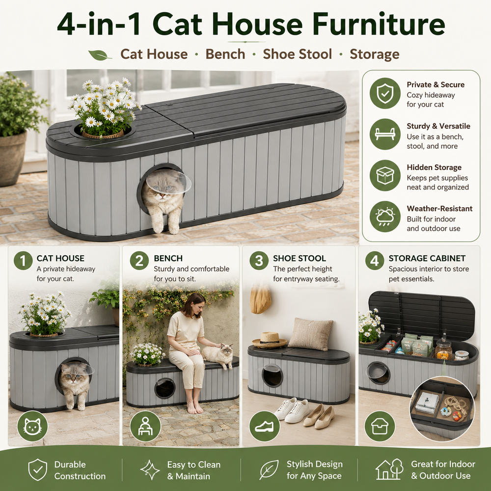 MINDYES Multifunctional 4-In-1 Outdoor Cat Bed Furniture, Combines Cat House, Shoe-Changing Stool, Bench and Storage Cabinet, Gray