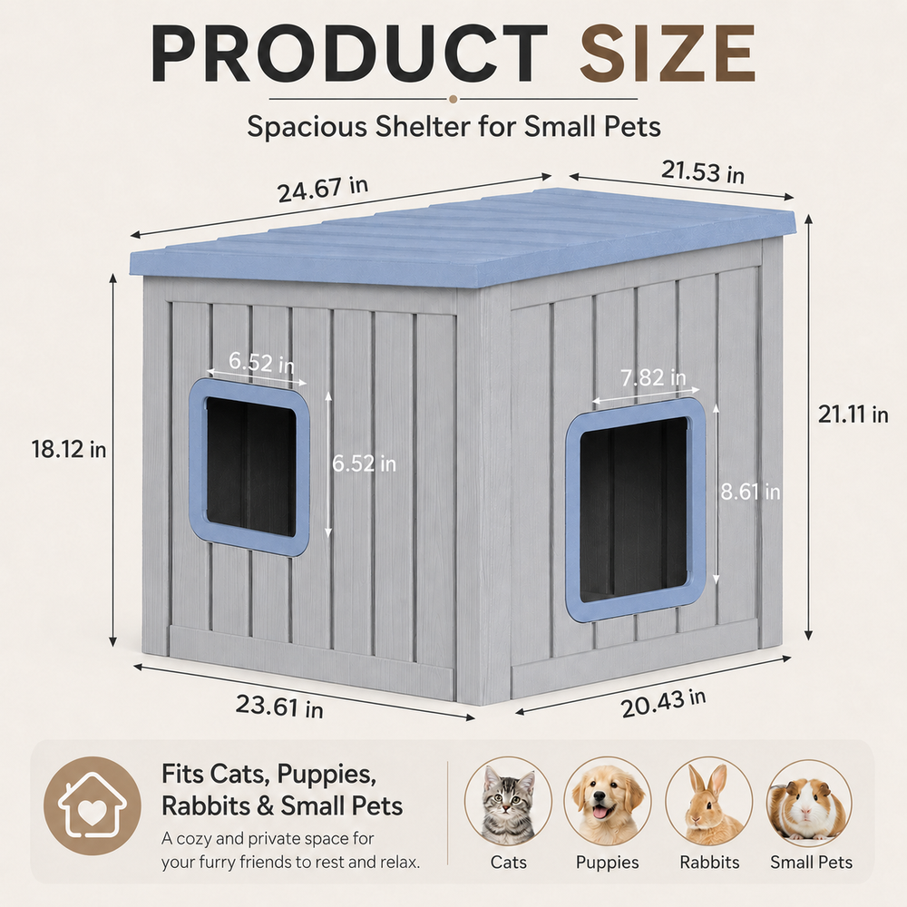 MINDYES Cat House, Outdoor Pet Shelter with Weatherproof Roof Removable Lids & Ventilation window, Blue