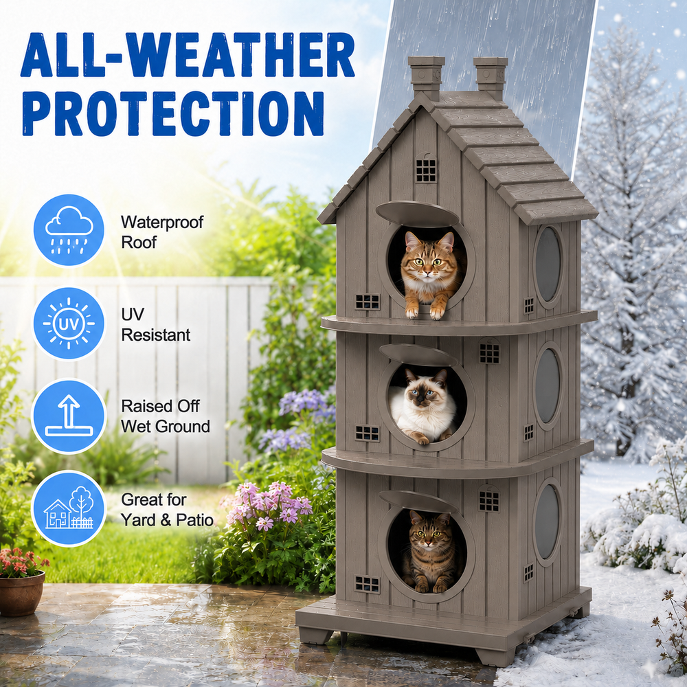 MINDYES Cat House, Weatherproof Outdoor Three-Tier Cat Bed for Garden & Patio, Light Brown