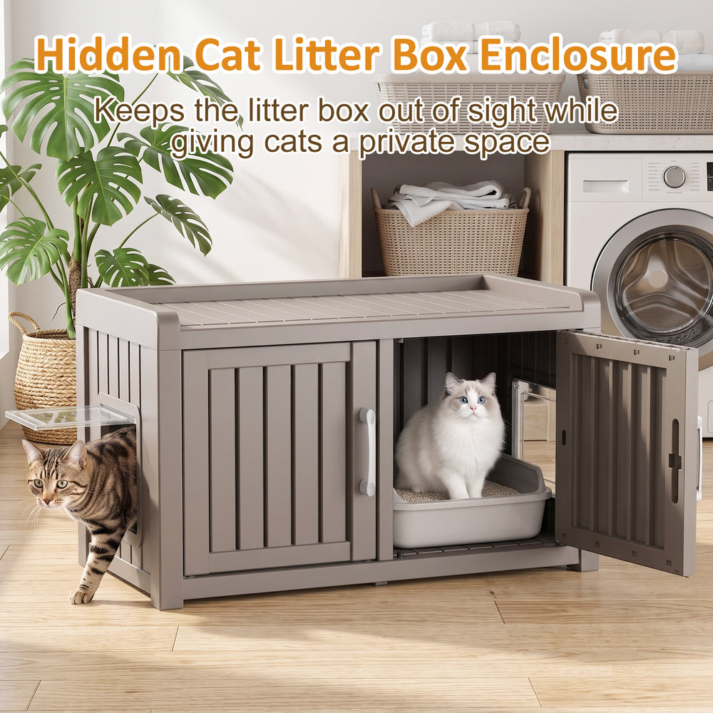 MINDYES Cat Litter Box Furniture, Dual-Door Cat Cabinet for Bedroom Hallway & Courtyard, Light Brown