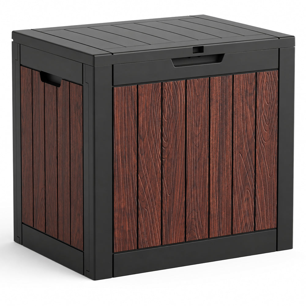 MINDYES 35 Gallon Outdoor Deck Box, Resin Walnut Wood Storage Boxs for Backyard Patio Gaden