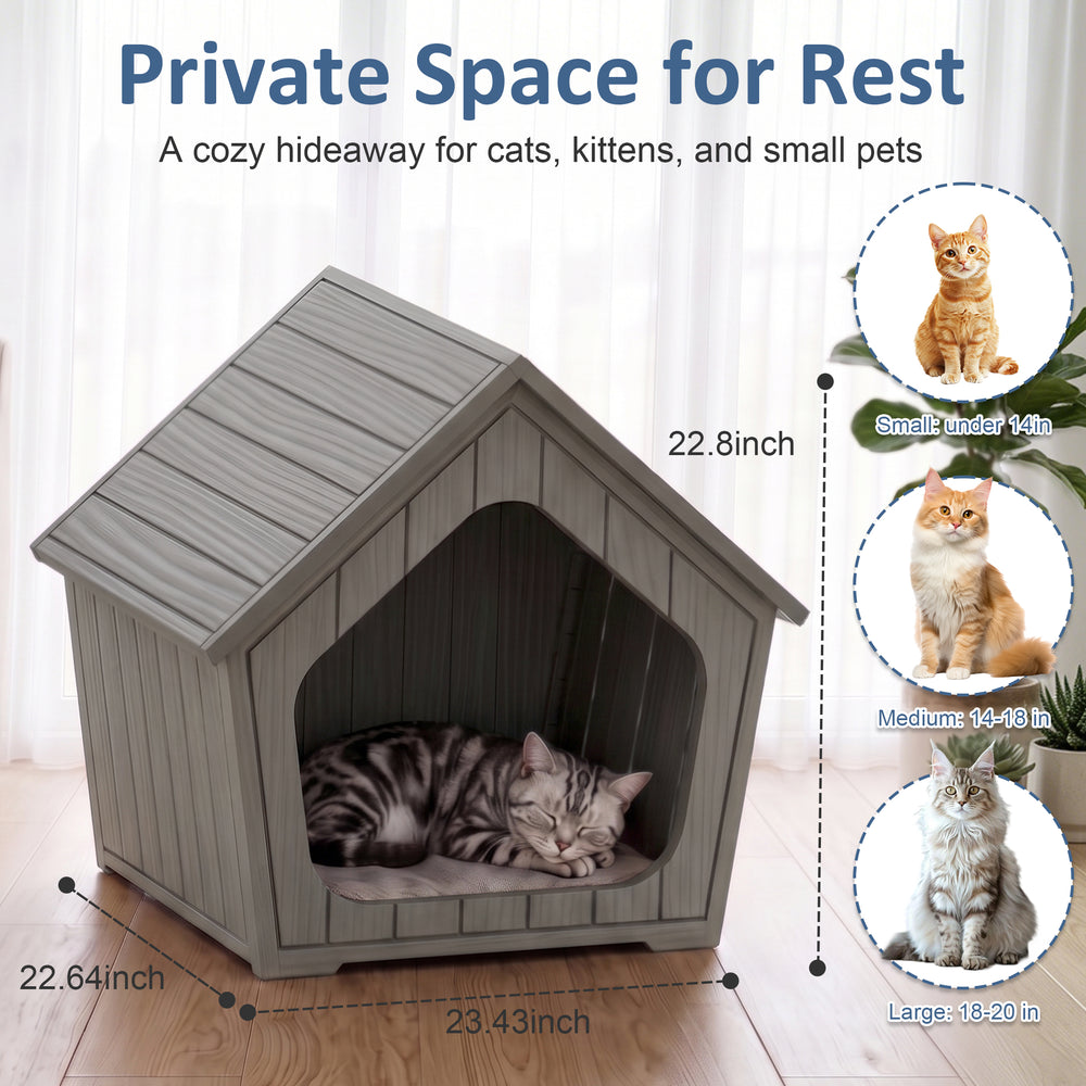 MINDYES Outdoor Cat House Weatherproof Faux Wooden Pet Shelter for Cats Kittens & Puppies, Light Brown